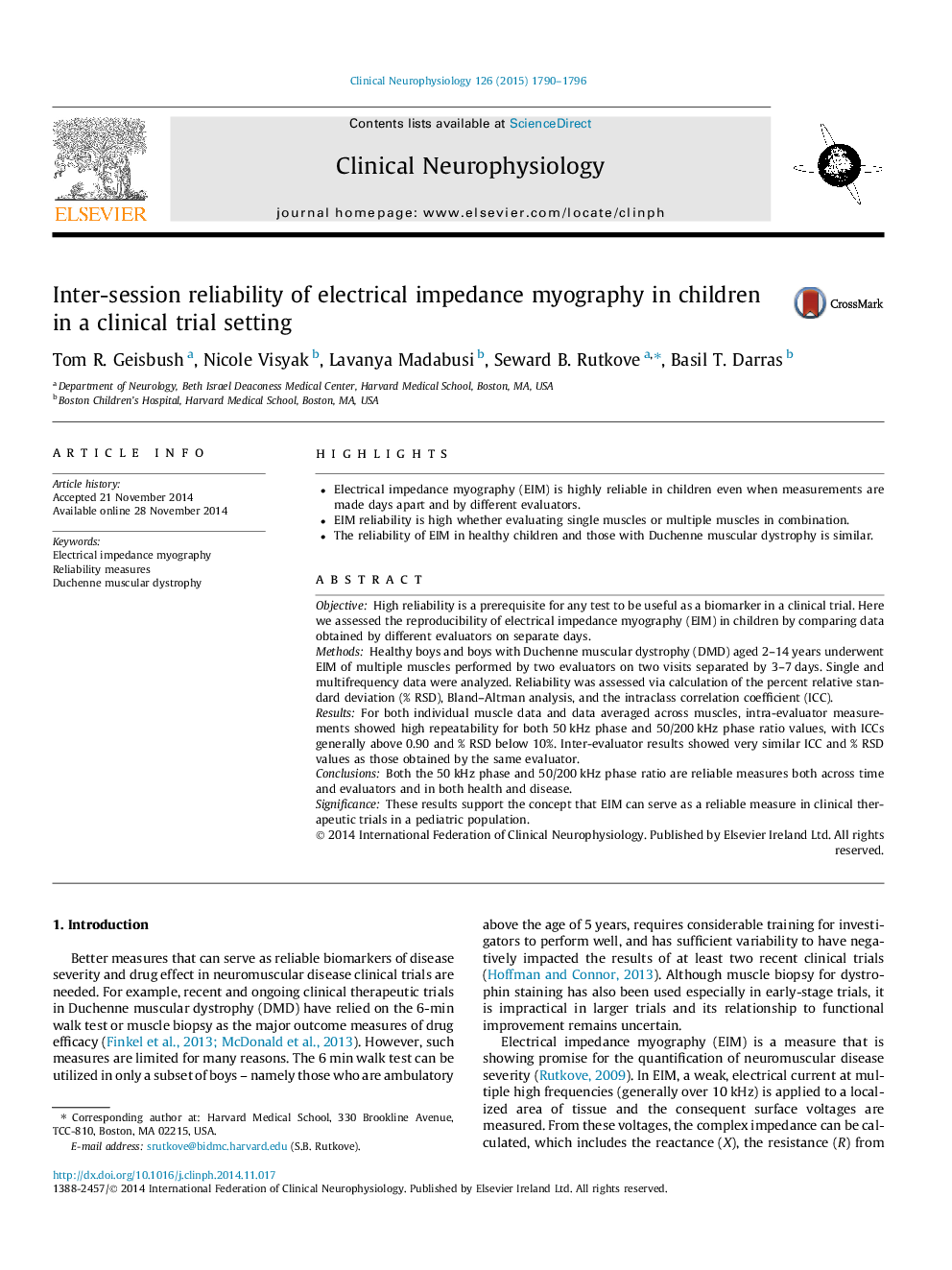 Inter-session reliability of electrical impedance myography in children in a clinical trial setting