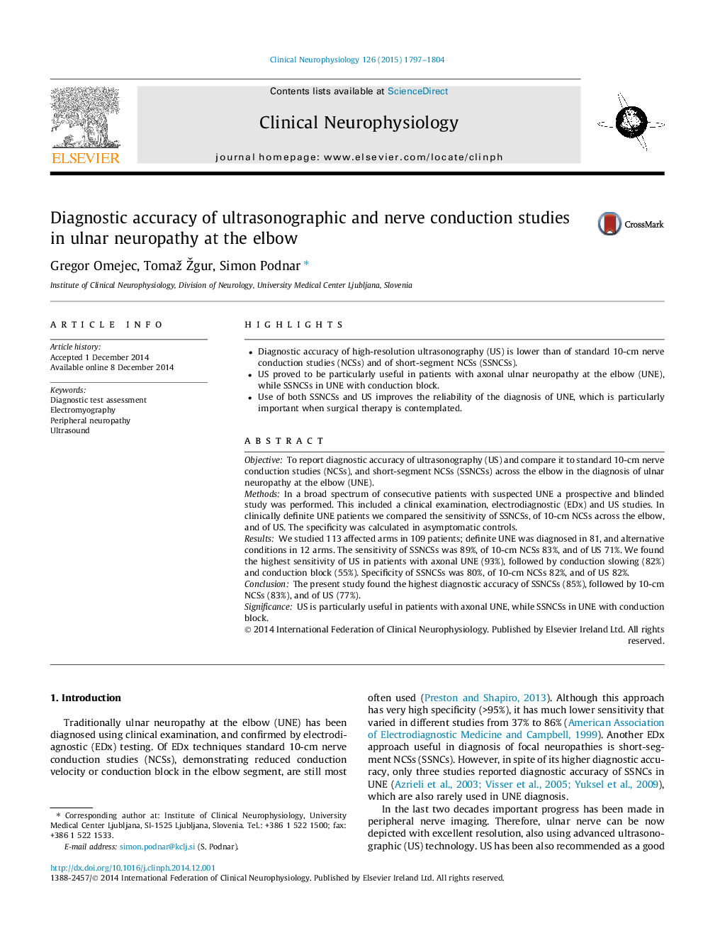 Diagnostic accuracy of ultrasonographic and nerve conduction studies in ulnar neuropathy at the elbow