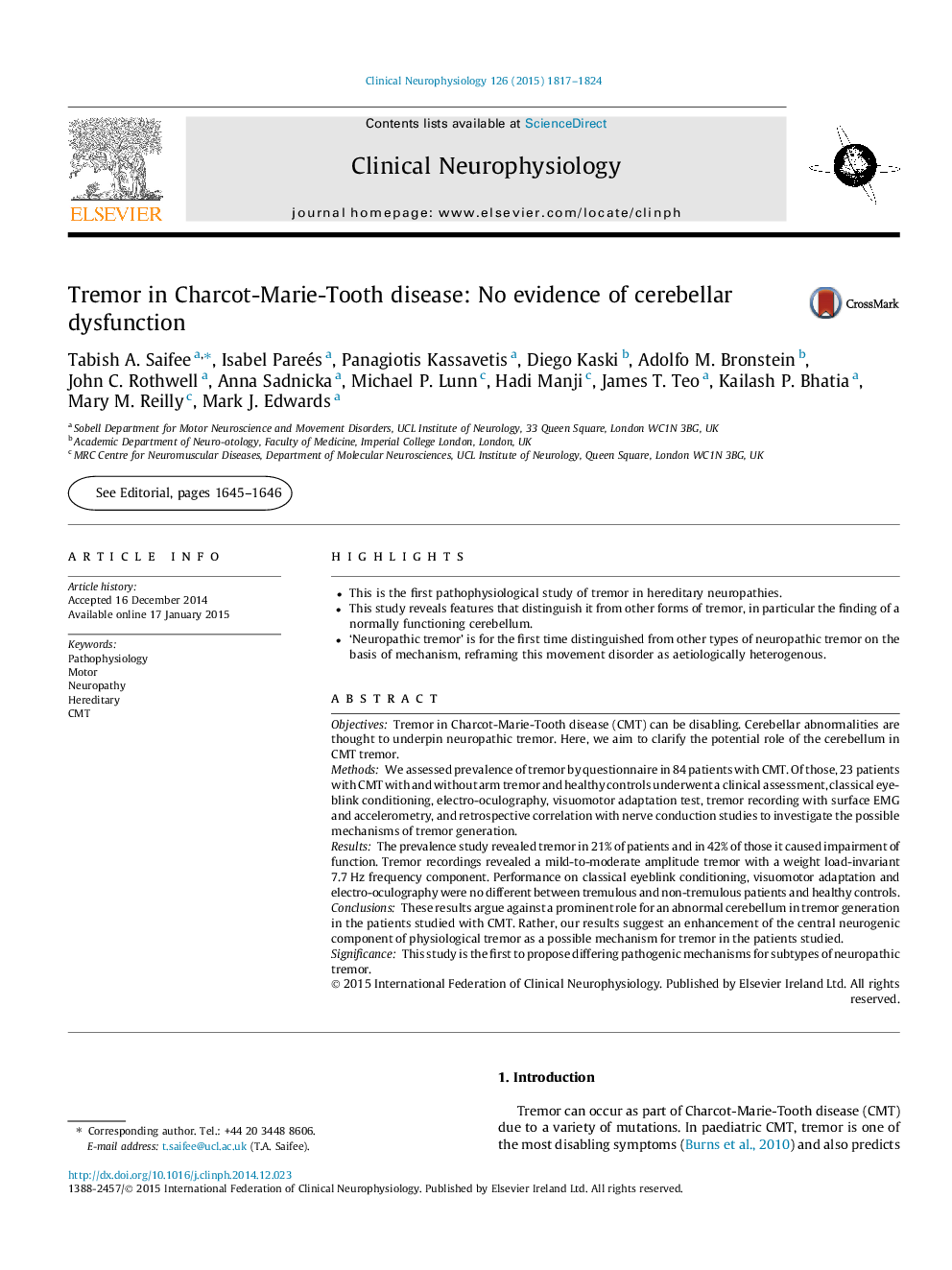 Tremor in Charcot-Marie-Tooth disease: No evidence of cerebellar dysfunction