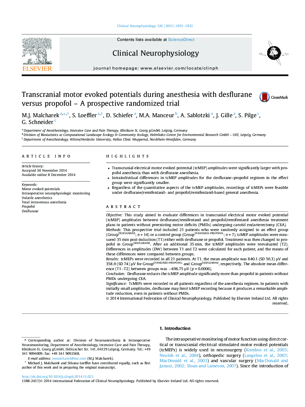 Transcranial motor evoked potentials during anesthesia with desflurane versus propofol – A prospective randomized trial