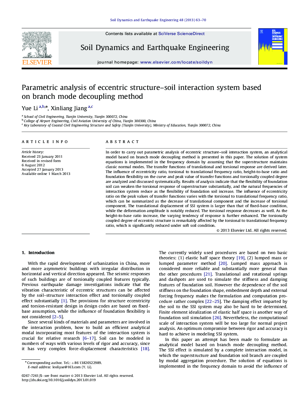 Parametric analysis of eccentric structure–soil interaction system based on branch mode decoupling method
