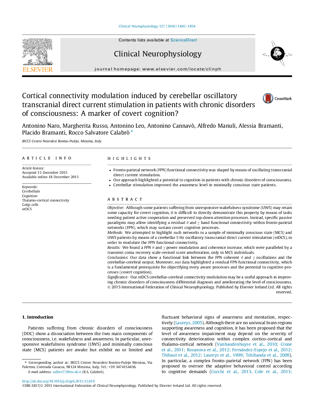 Cortical connectivity modulation induced by cerebellar oscillatory transcranial direct current stimulation in patients with chronic disorders of consciousness: A marker of covert cognition?