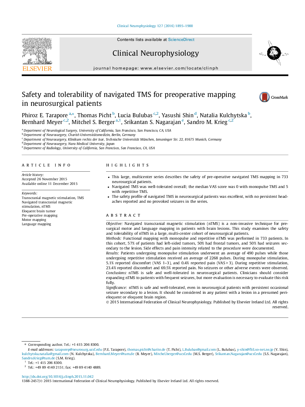 Safety and tolerability of navigated TMS for preoperative mapping in neurosurgical patients