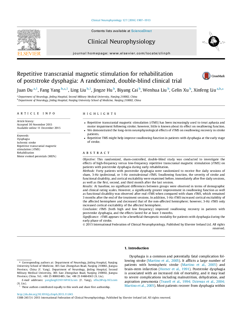 Repetitive transcranial magnetic stimulation for rehabilitation of poststroke dysphagia: A randomized, double-blind clinical trial