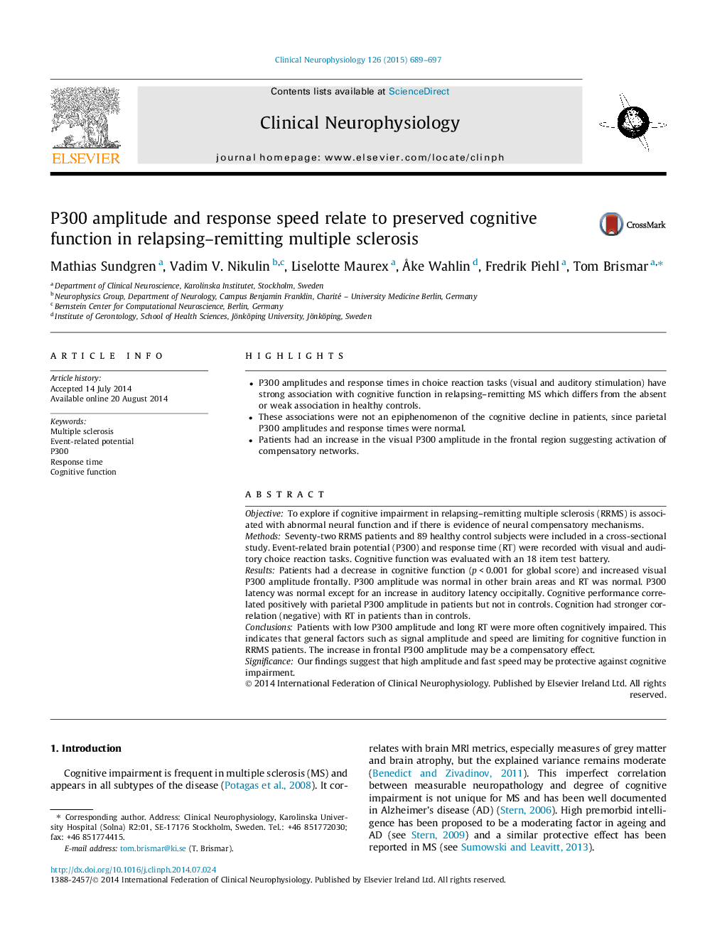 P300 amplitude and response speed relate to preserved cognitive function in relapsing–remitting multiple sclerosis