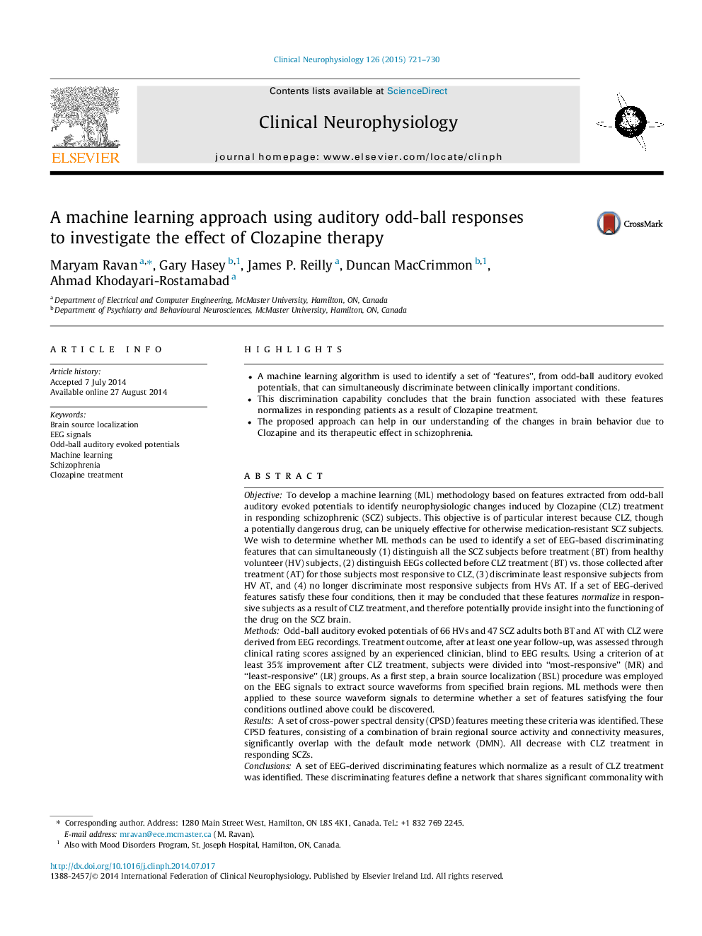 A machine learning approach using auditory odd-ball responses to investigate the effect of Clozapine therapy