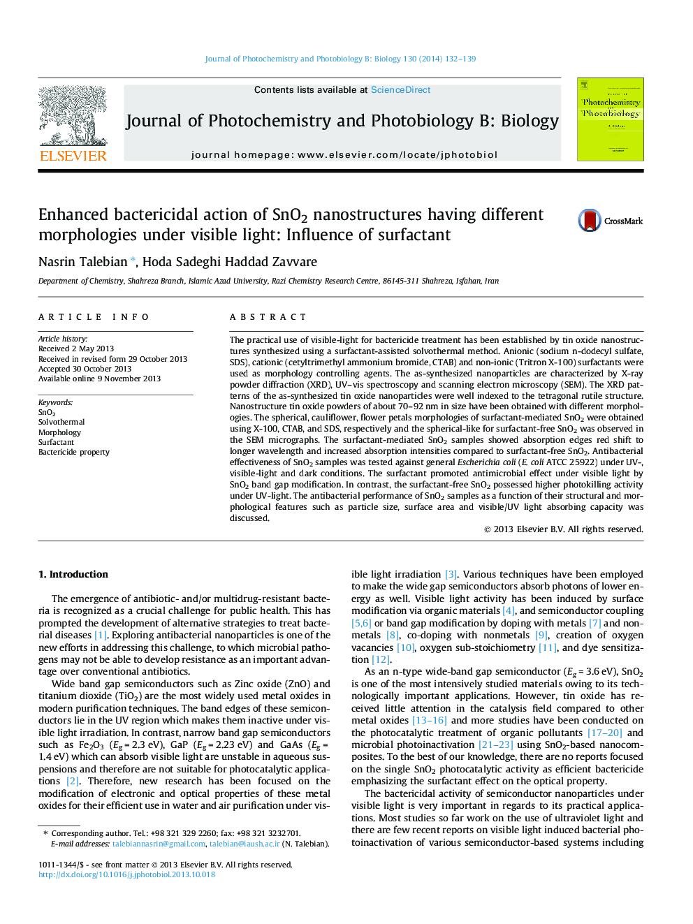 Enhanced bactericidal action of SnO2 nanostructures having different morphologies under visible light: Influence of surfactant