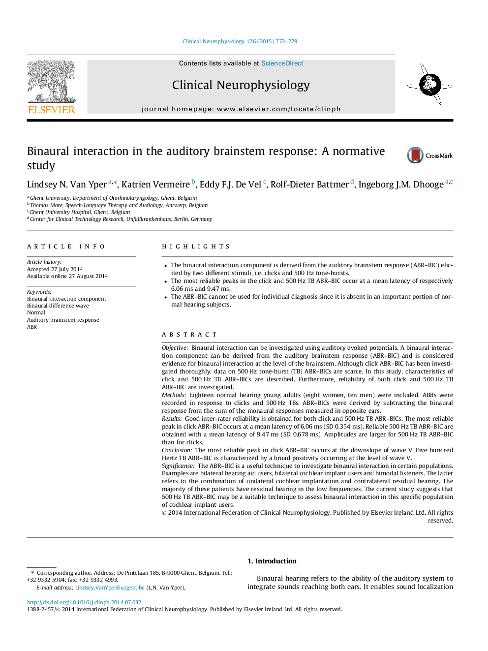 Binaural interaction in the auditory brainstem response: A normative study