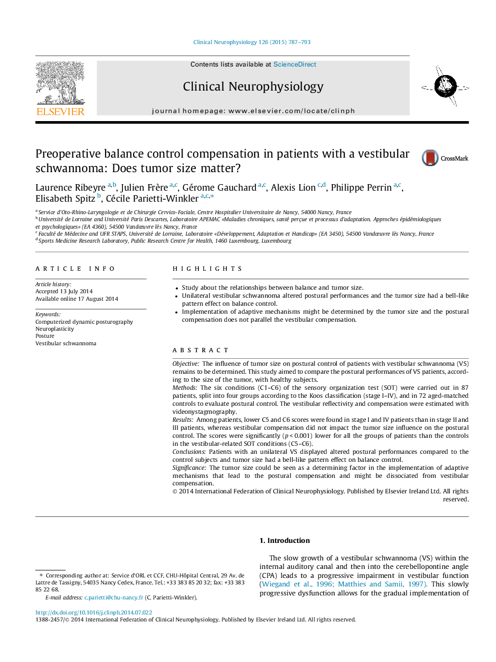 Preoperative balance control compensation in patients with a vestibular schwannoma: Does tumor size matter?