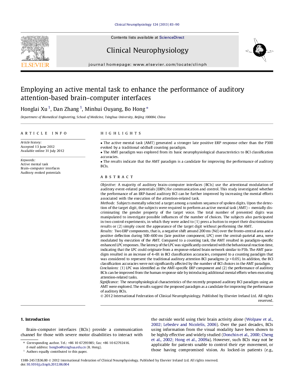 Employing an active mental task to enhance the performance of auditory attention-based brain–computer interfaces