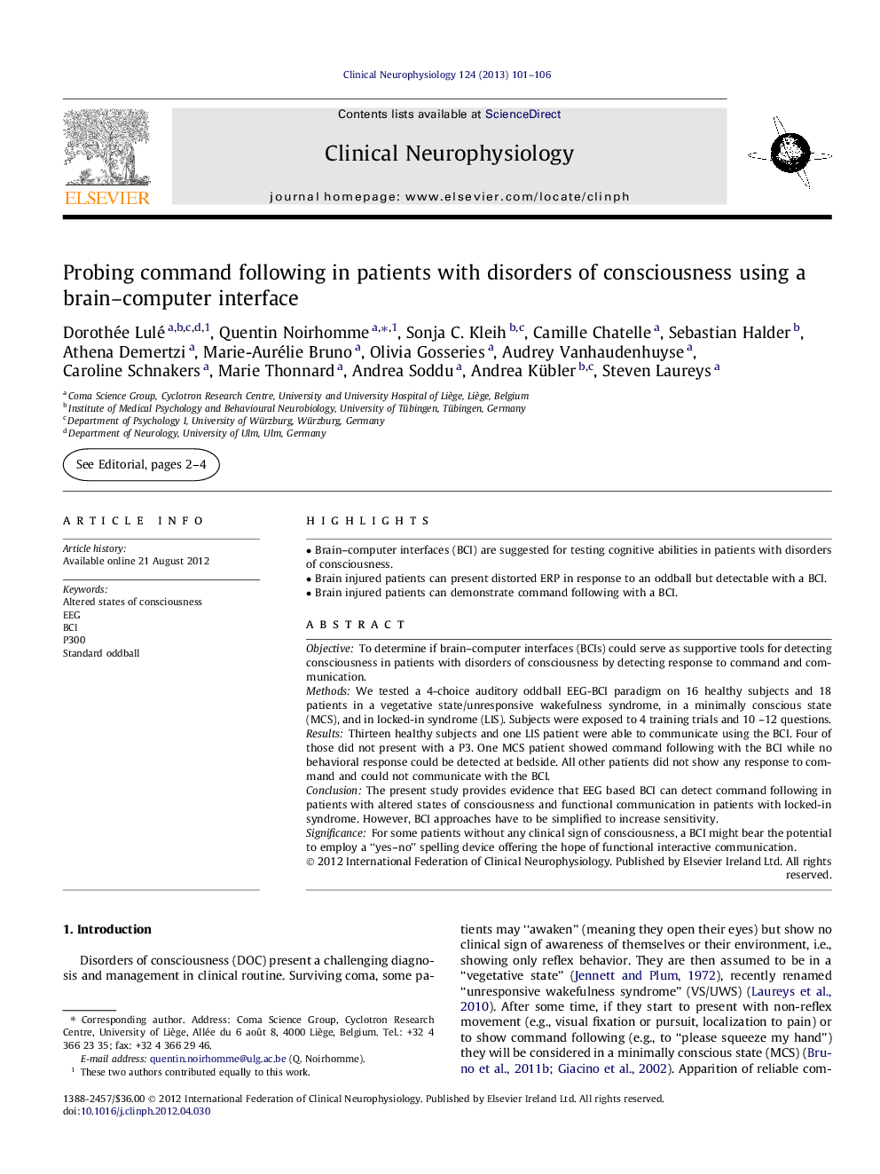 Probing command following in patients with disorders of consciousness using a brain–computer interface