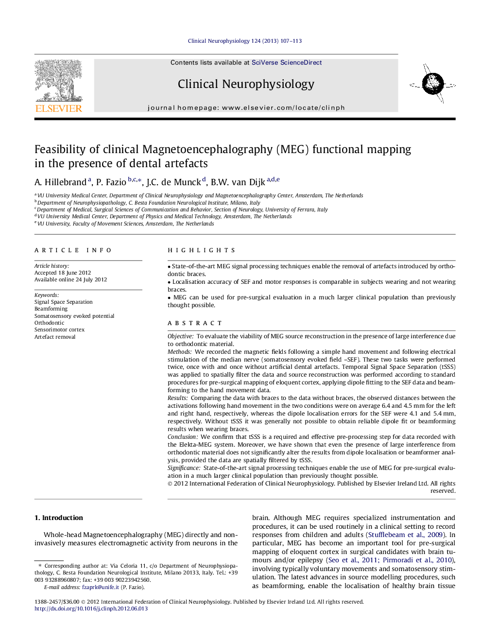 Feasibility of clinical Magnetoencephalography (MEG) functional mapping in the presence of dental artefacts