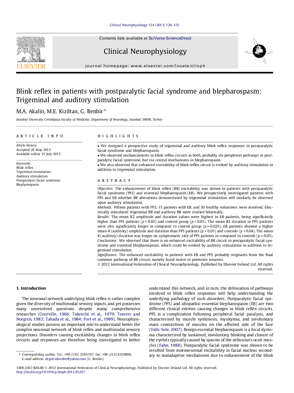 Blink reflex in patients with postparalytic facial syndrome and blepharospasm: Trigeminal and auditory stimulation