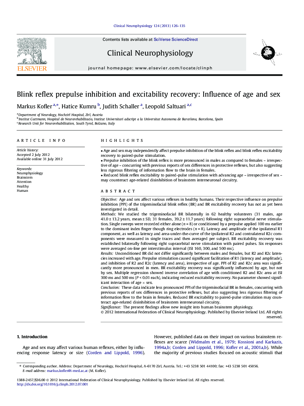 Blink reflex prepulse inhibition and excitability recovery: Influence of age and sex