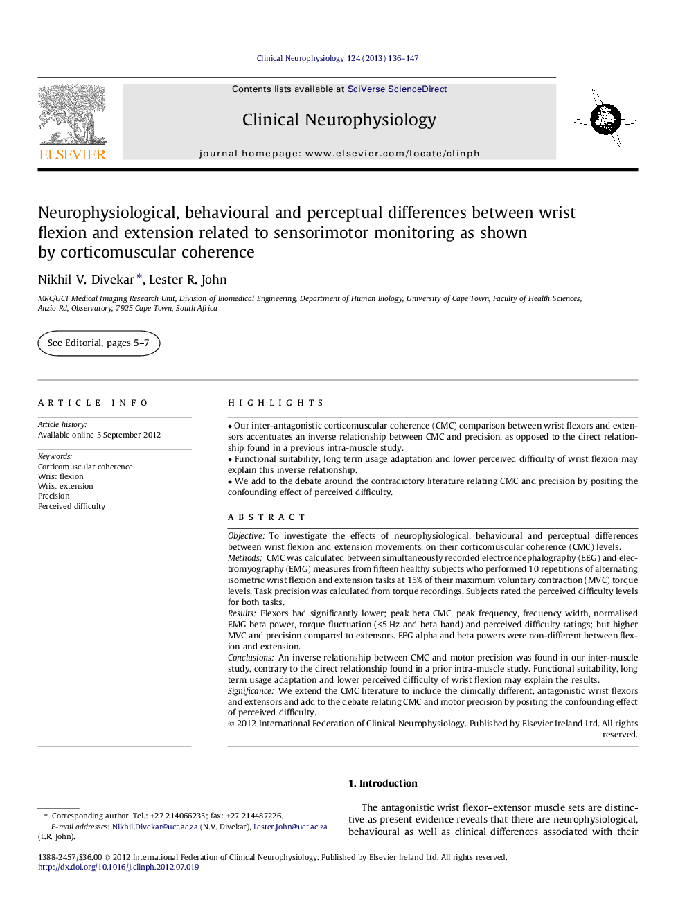 Neurophysiological, behavioural and perceptual differences between wrist flexion and extension related to sensorimotor monitoring as shown by corticomuscular coherence