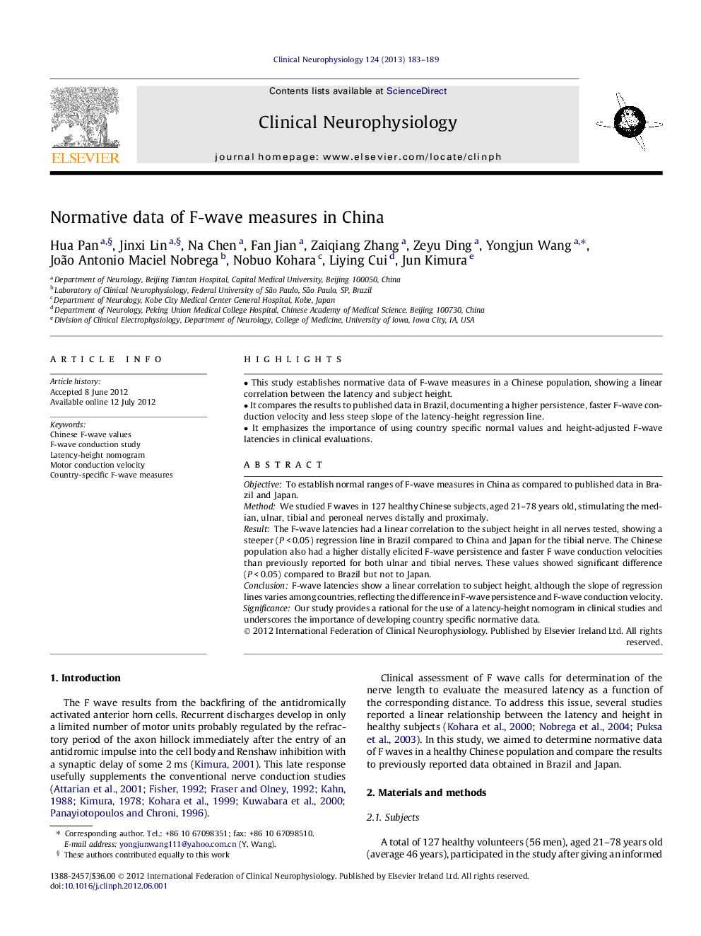 Normative data of F-wave measures in China