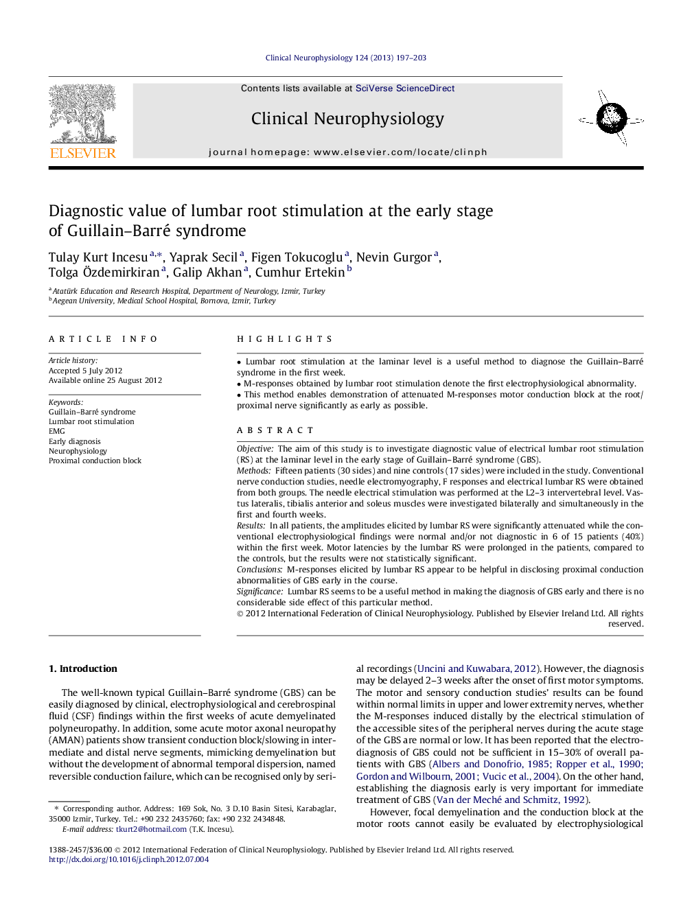 Diagnostic value of lumbar root stimulation at the early stage of Guillain–Barré syndrome