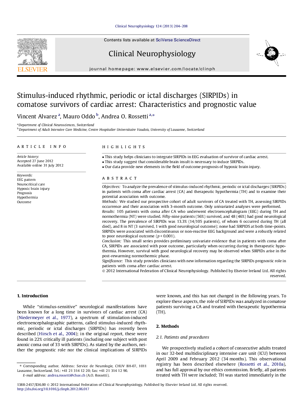 Stimulus-induced rhythmic, periodic or ictal discharges (SIRPIDs) in comatose survivors of cardiac arrest: Characteristics and prognostic value