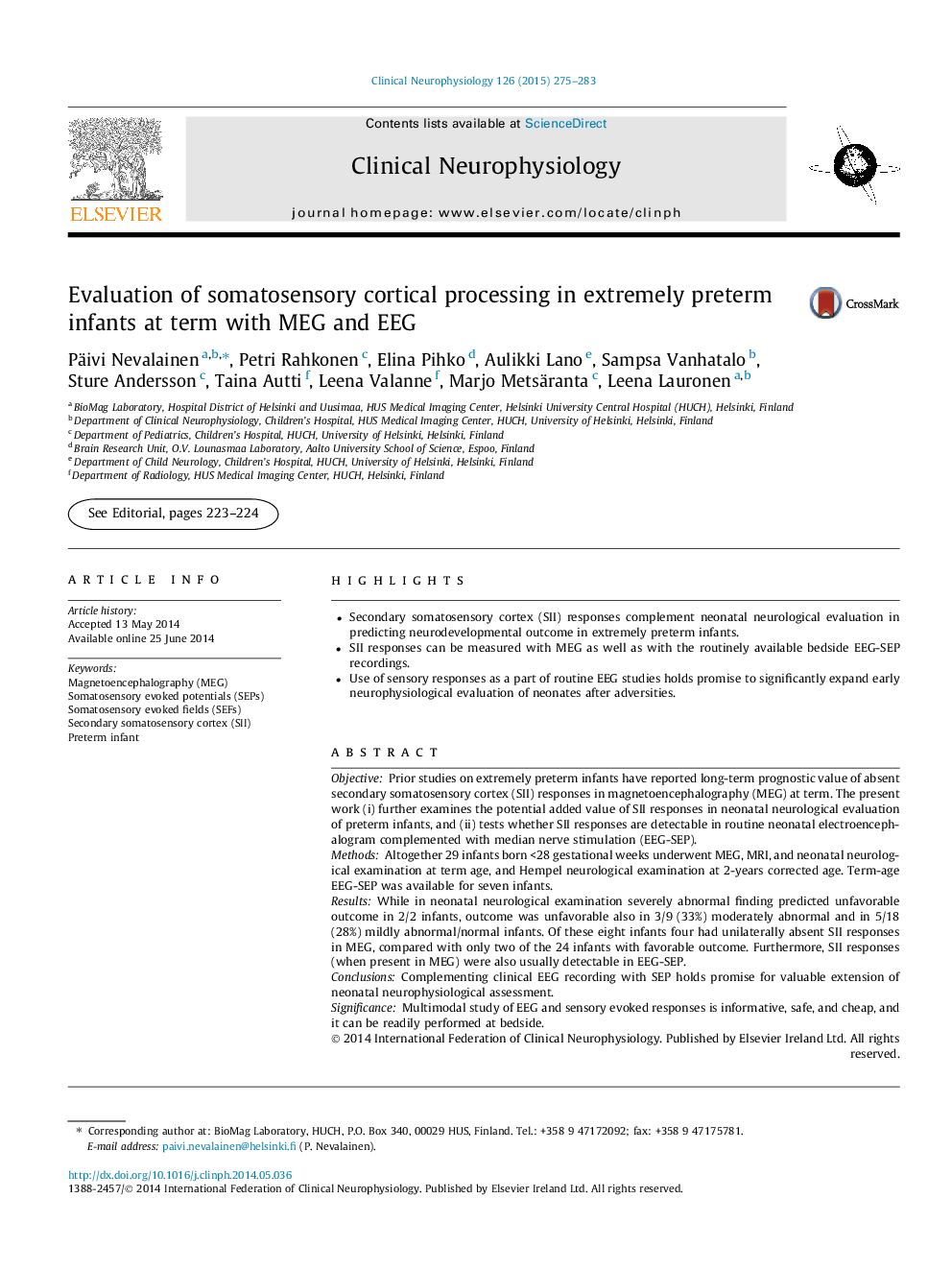 Evaluation of somatosensory cortical processing in extremely preterm infants at term with MEG and EEG