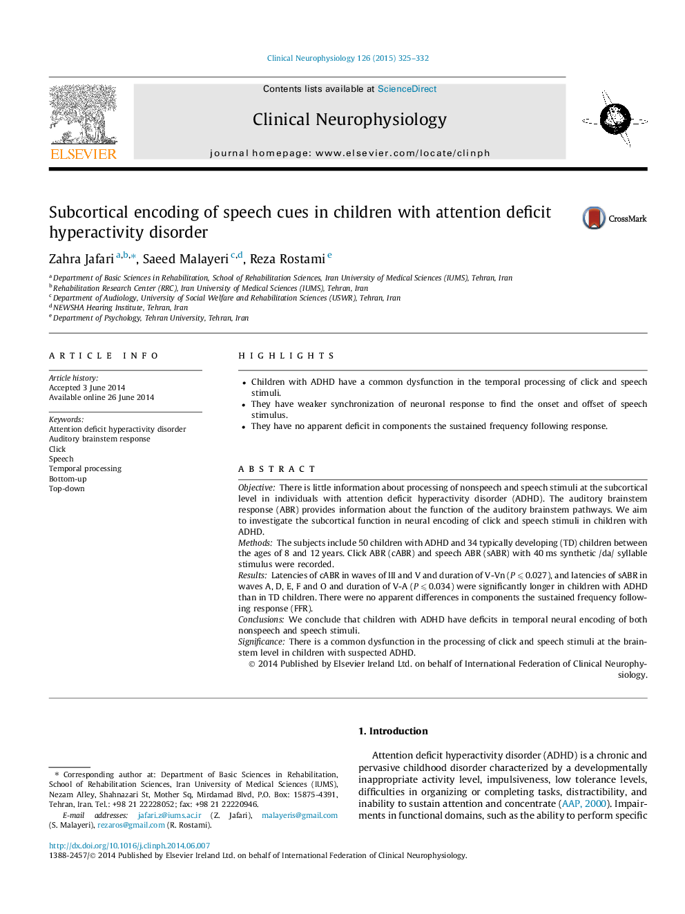 Subcortical encoding of speech cues in children with attention deficit hyperactivity disorder