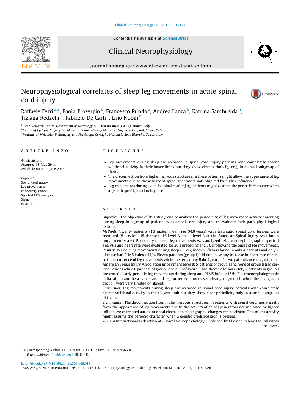 Neurophysiological correlates of sleep leg movements in acute spinal cord injury