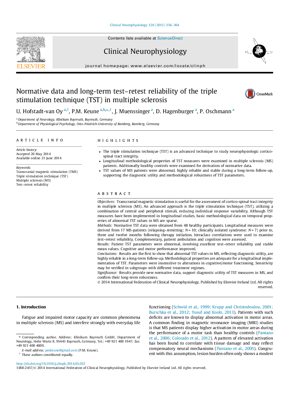 Normative data and long-term test–retest reliability of the triple stimulation technique (TST) in multiple sclerosis