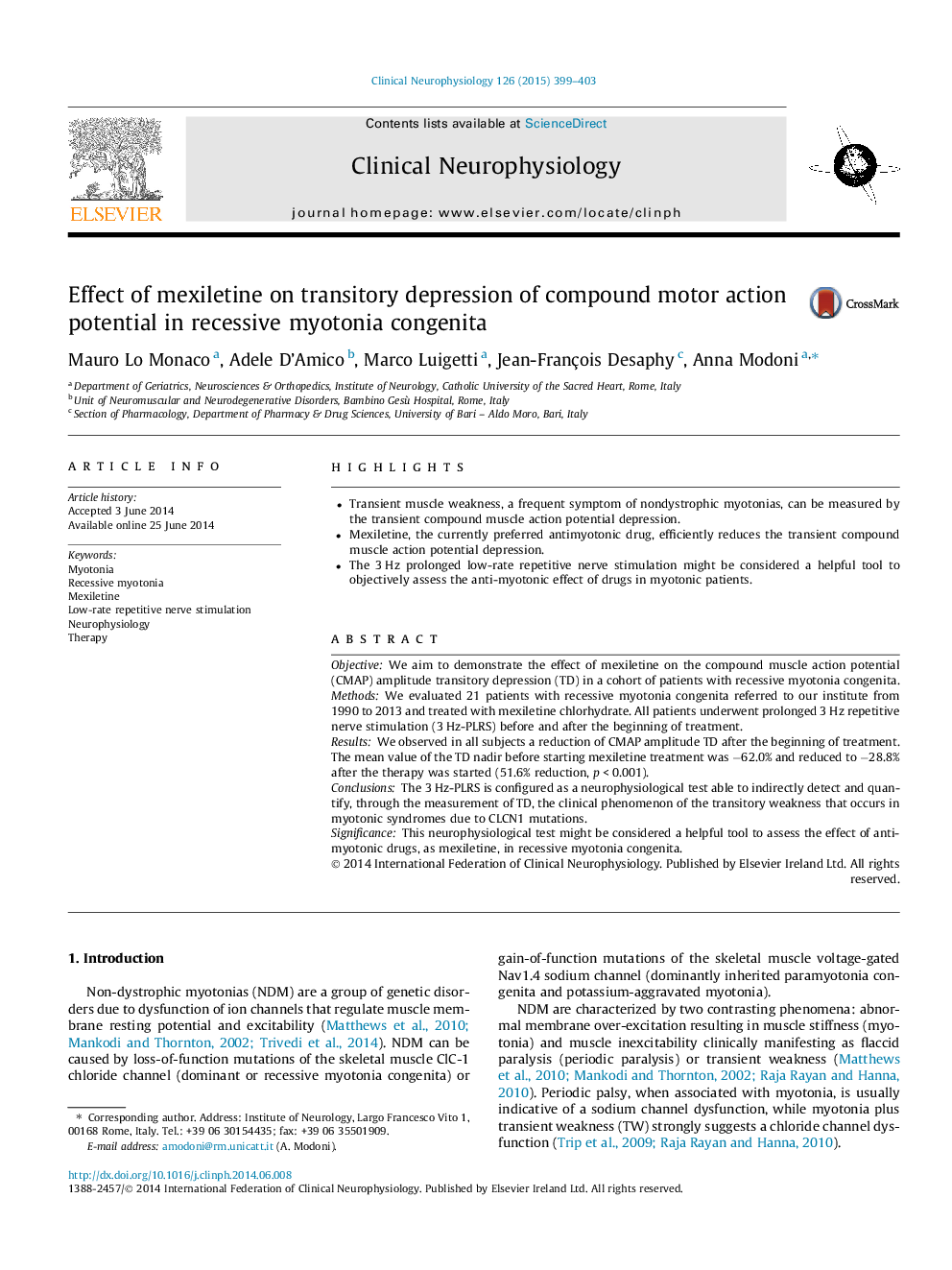 Effect of mexiletine on transitory depression of compound motor action potential in recessive myotonia congenita