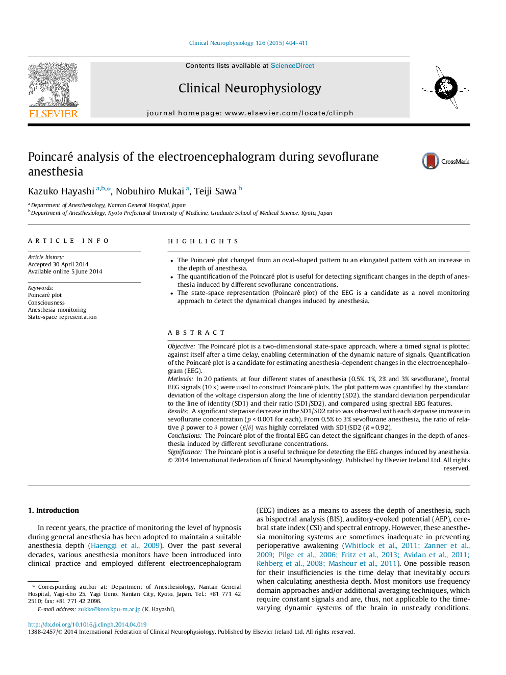 Poincaré analysis of the electroencephalogram during sevoflurane anesthesia