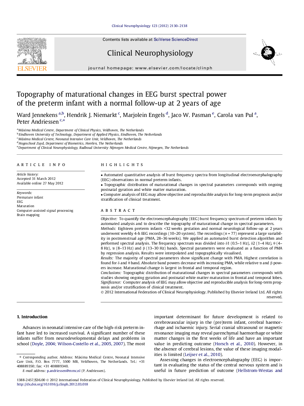 Topography of maturational changes in EEG burst spectral power of the preterm infant with a normal follow-up at 2 years of age