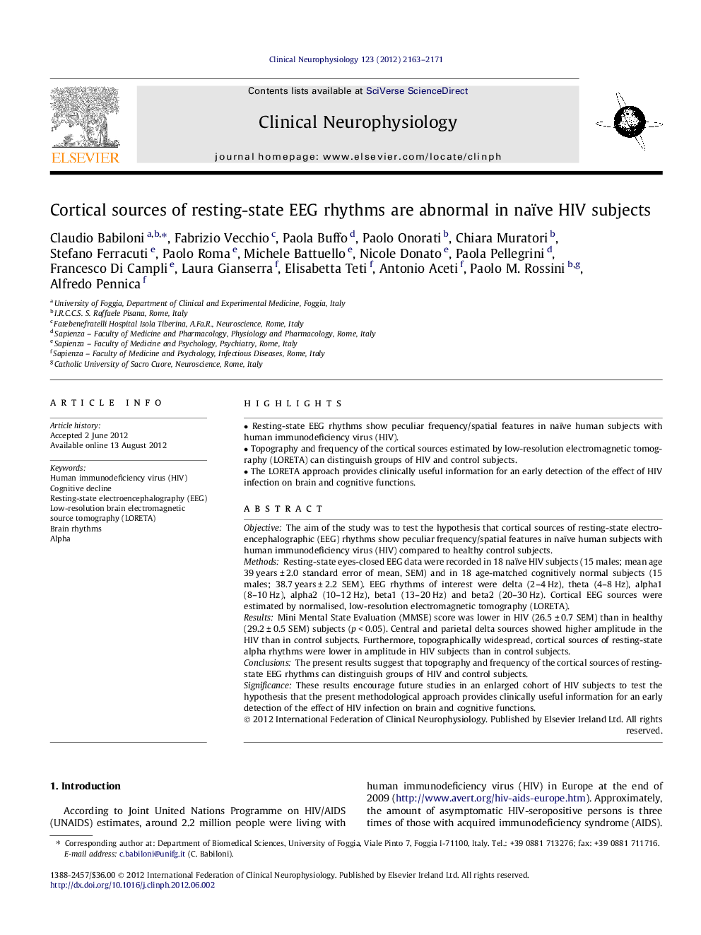 Cortical sources of resting-state EEG rhythms are abnormal in naïve HIV subjects