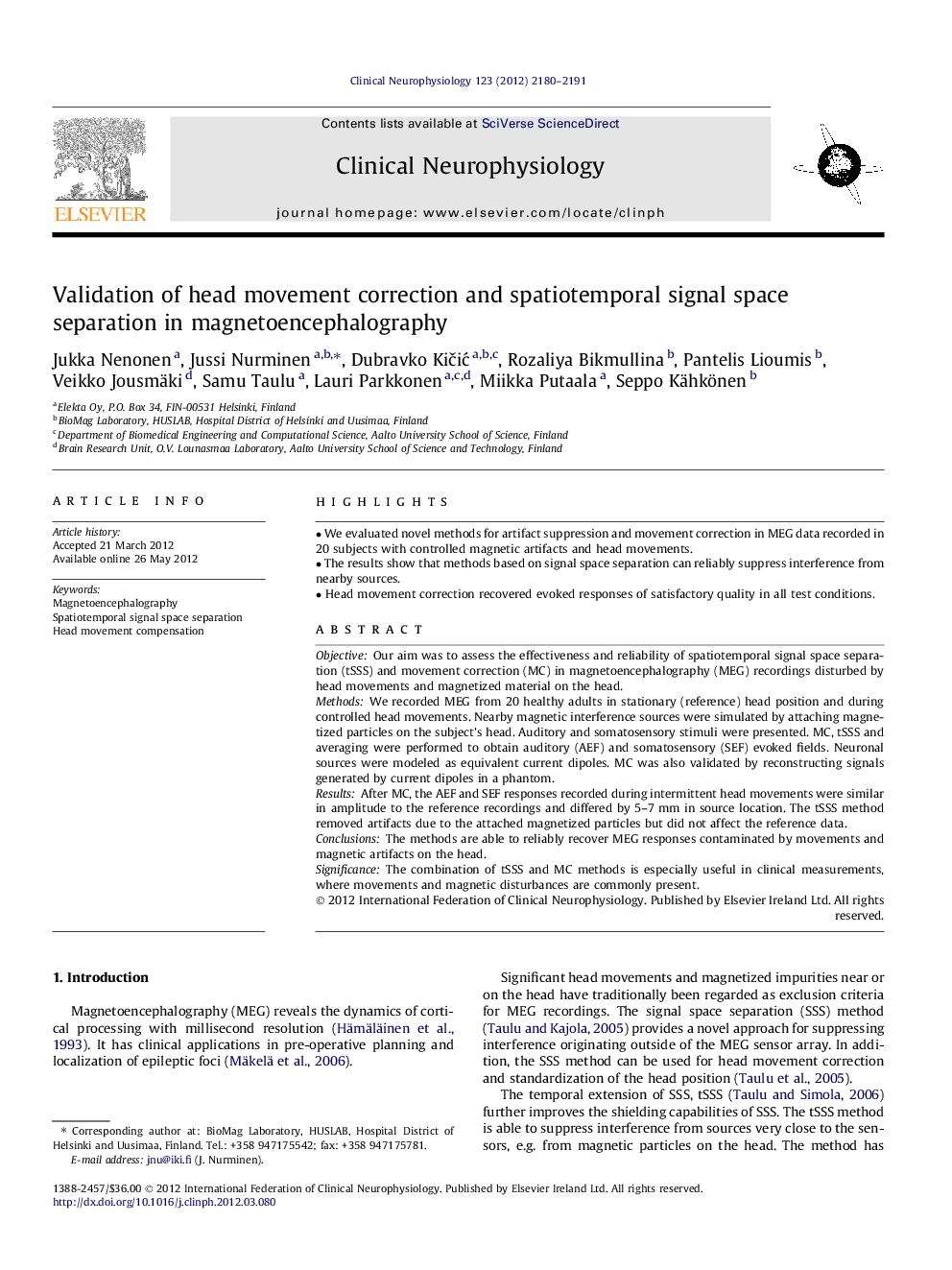 Validation of head movement correction and spatiotemporal signal space separation in magnetoencephalography