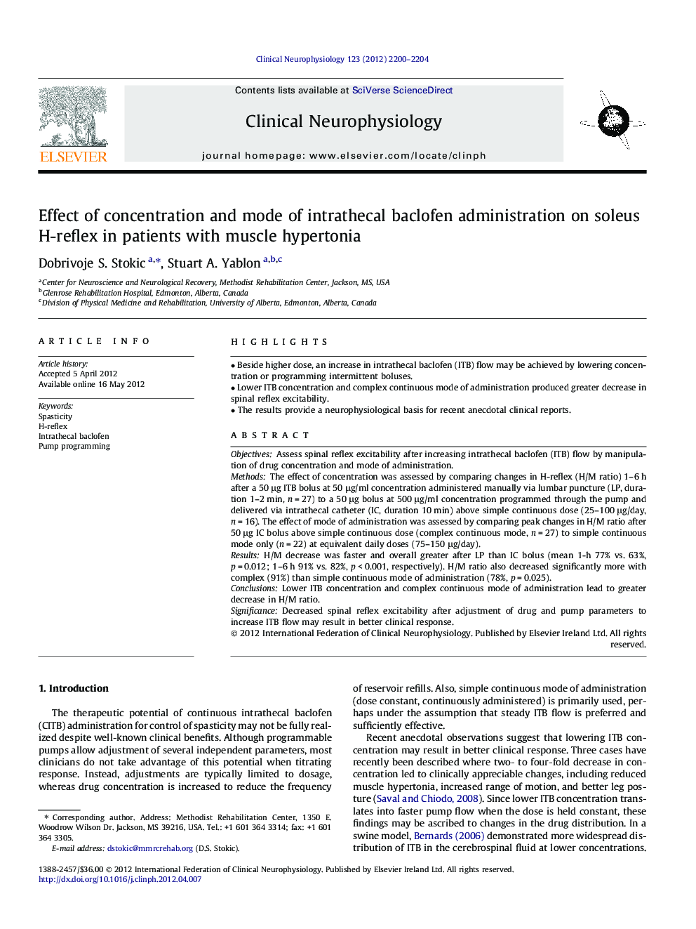 Effect of concentration and mode of intrathecal baclofen administration on soleus H-reflex in patients with muscle hypertonia