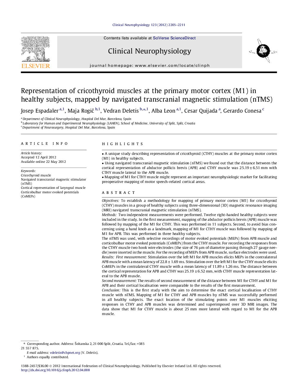 Representation of cricothyroid muscles at the primary motor cortex (M1) in healthy subjects, mapped by navigated transcranial magnetic stimulation (nTMS)