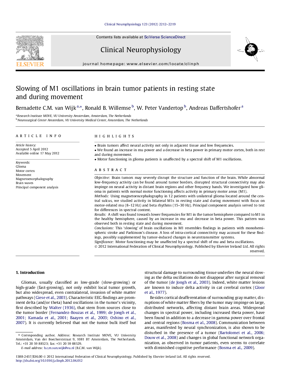 Slowing of M1 oscillations in brain tumor patients in resting state and during movement