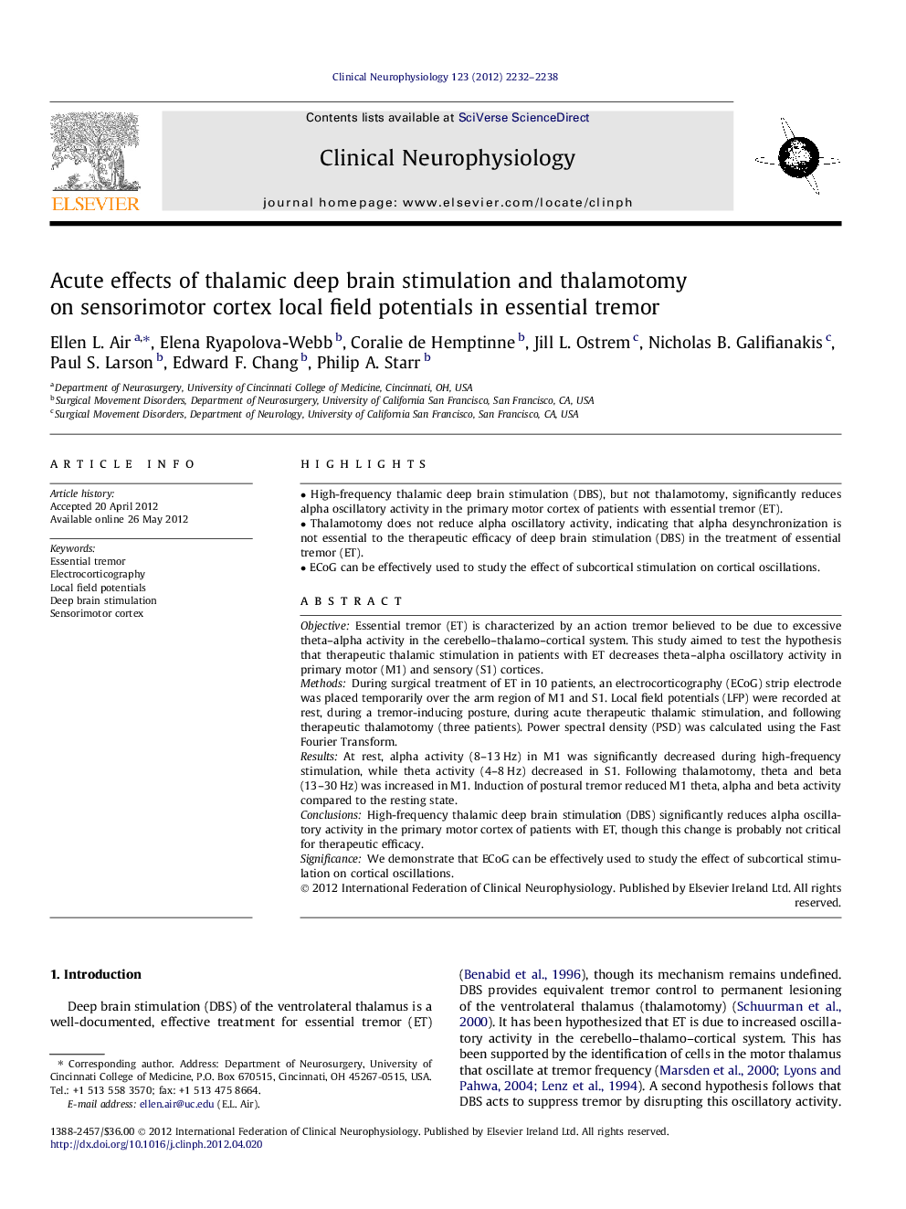 Acute effects of thalamic deep brain stimulation and thalamotomy on sensorimotor cortex local field potentials in essential tremor