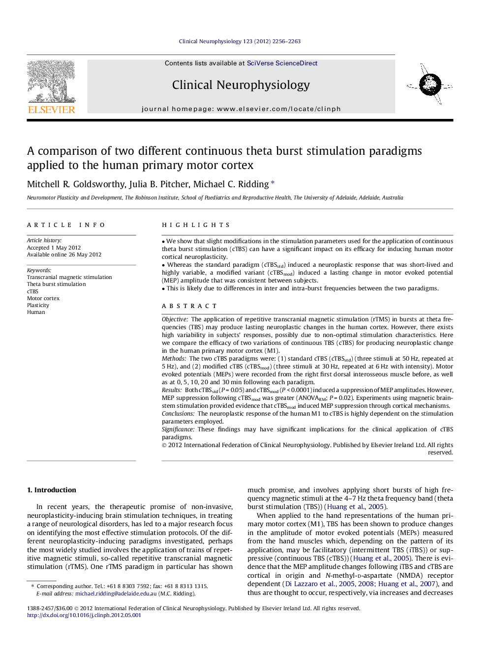 A comparison of two different continuous theta burst stimulation paradigms applied to the human primary motor cortex