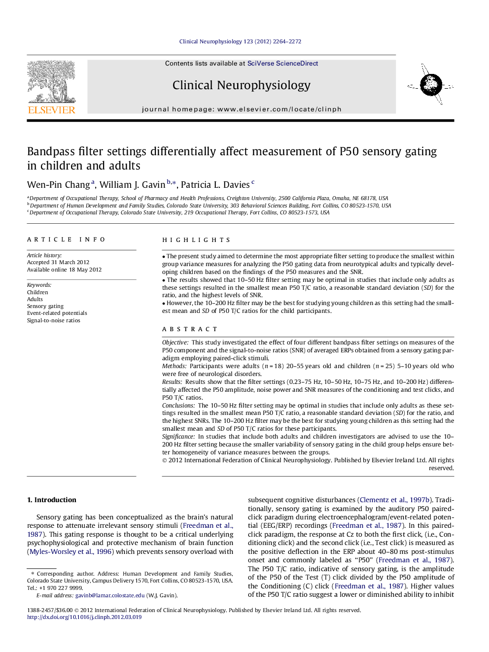 Bandpass filter settings differentially affect measurement of P50 sensory gating in children and adults