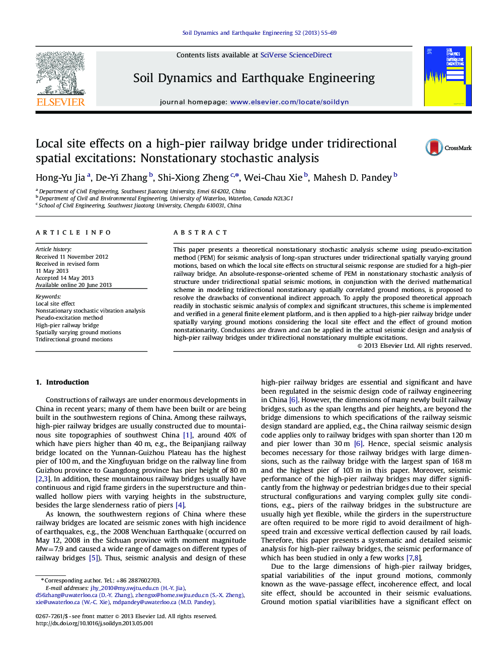 Local site effects on a high-pier railway bridge under tridirectional spatial excitations: Nonstationary stochastic analysis