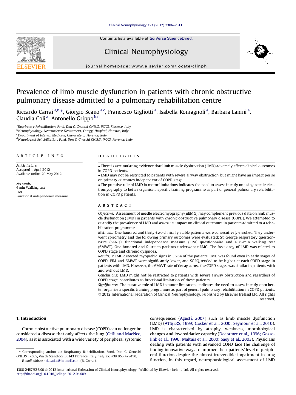 Prevalence of limb muscle dysfunction in patients with chronic obstructive pulmonary disease admitted to a pulmonary rehabilitation centre