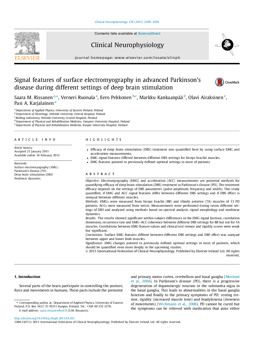 Signal features of surface electromyography in advanced Parkinson’s disease during different settings of deep brain stimulation