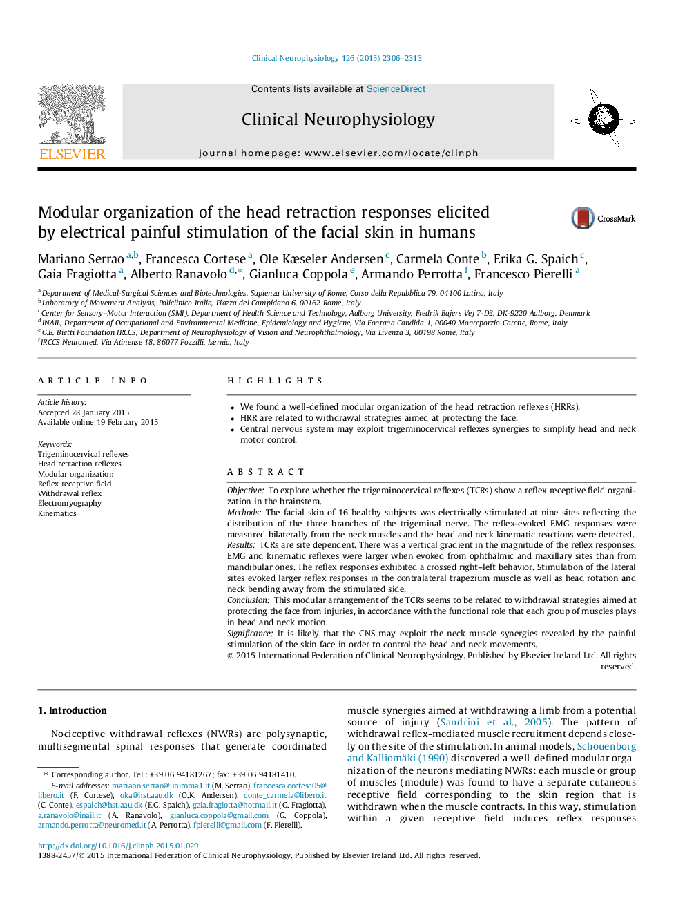 Modular organization of the head retraction responses elicited by electrical painful stimulation of the facial skin in humans