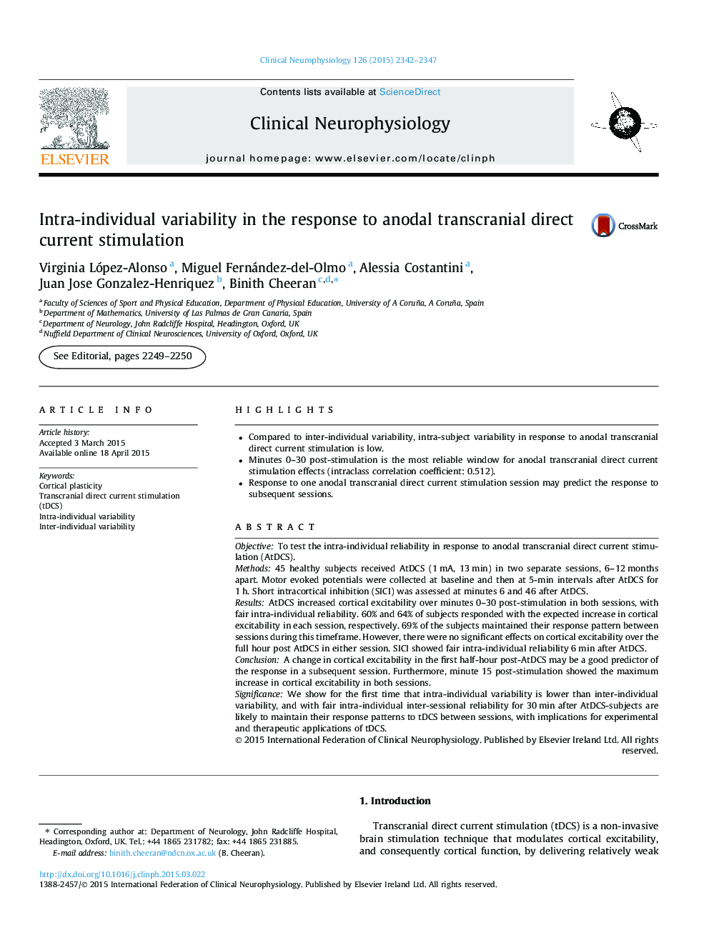 Intra-individual variability in the response to anodal transcranial direct current stimulation