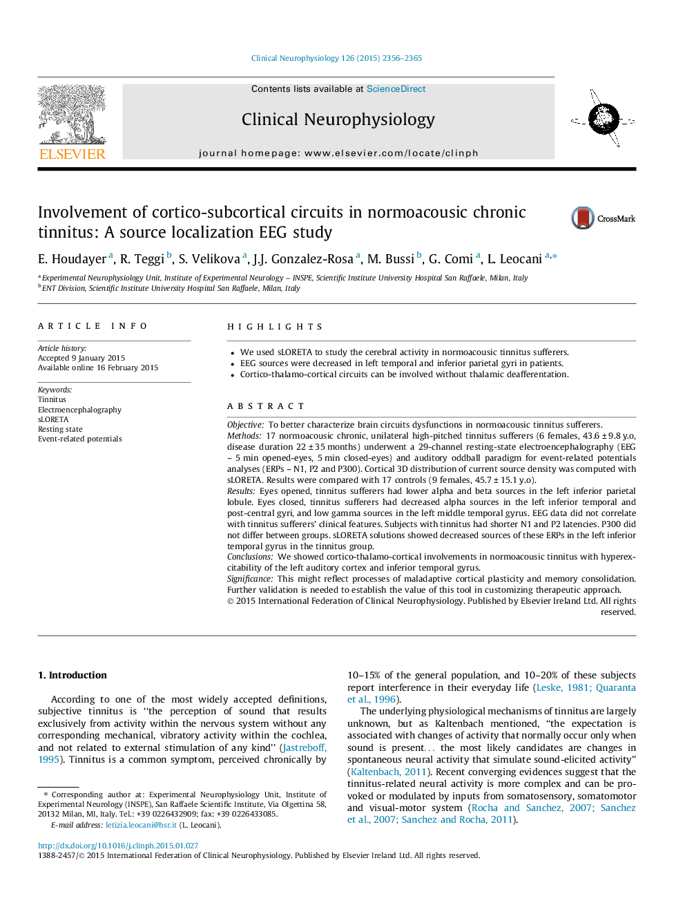 Involvement of cortico-subcortical circuits in normoacousic chronic tinnitus: A source localization EEG study