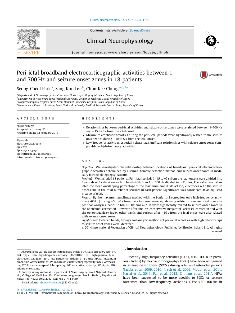 Peri-ictal broadband electrocorticographic activities between 1 and 700Â Hz and seizure onset zones in 18 patients