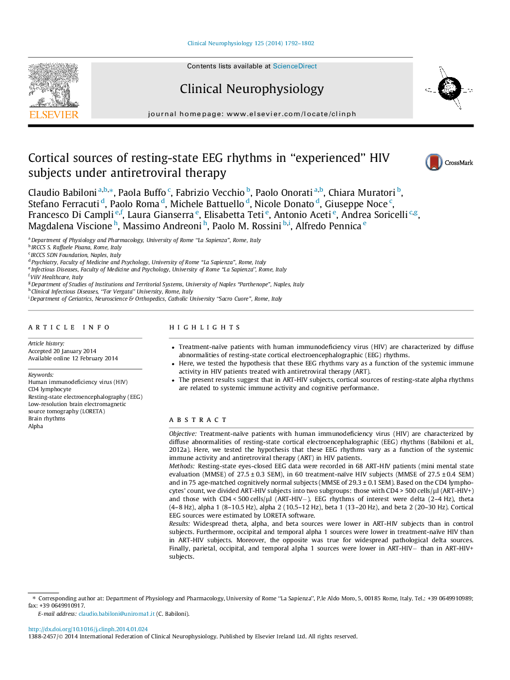 Cortical sources of resting-state EEG rhythms in “experienced” HIV subjects under antiretroviral therapy