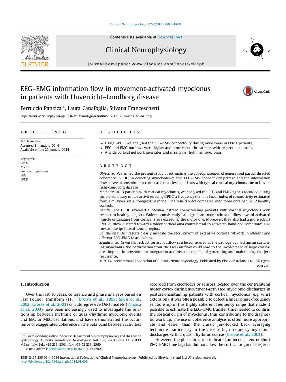 EEG–EMG information flow in movement-activated myoclonus in patients with Unverricht–Lundborg disease