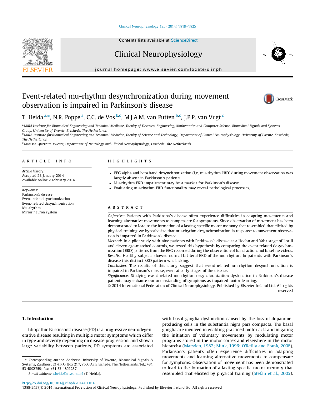 Event-related mu-rhythm desynchronization during movement observation is impaired in Parkinson’s disease