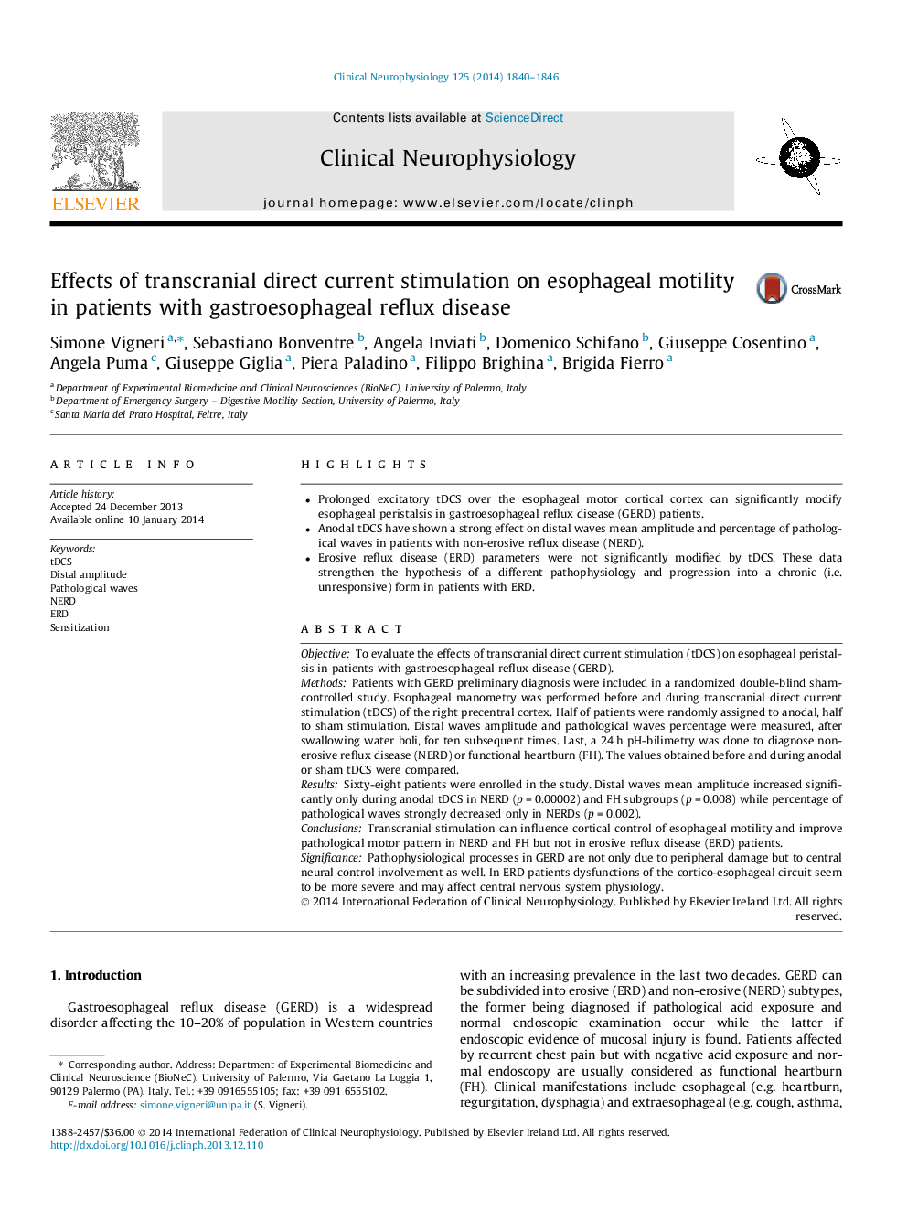 Effects of transcranial direct current stimulation on esophageal motility in patients with gastroesophageal reflux disease