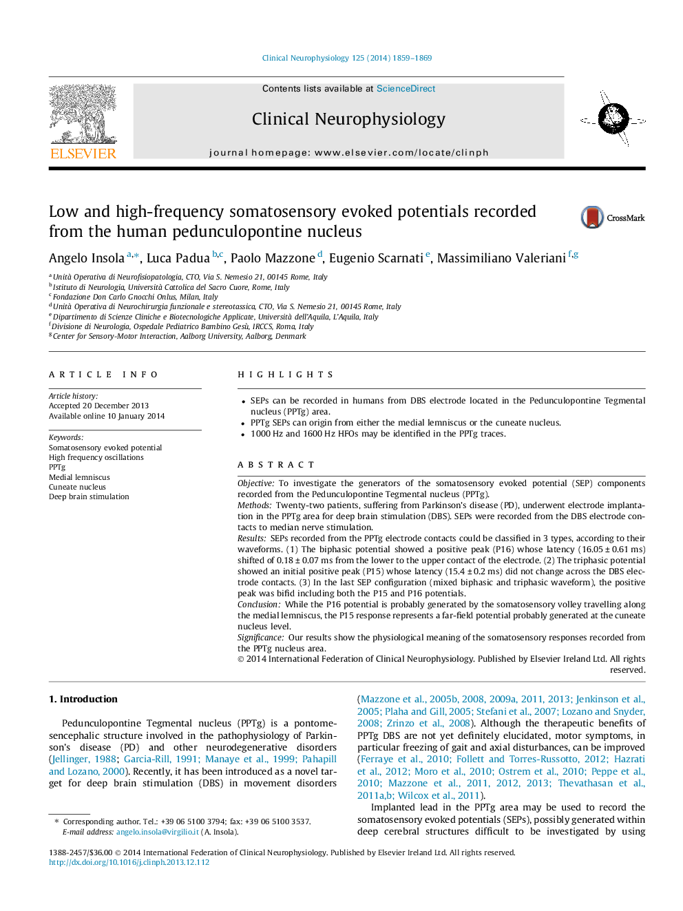 Low and high-frequency somatosensory evoked potentials recorded from the human pedunculopontine nucleus