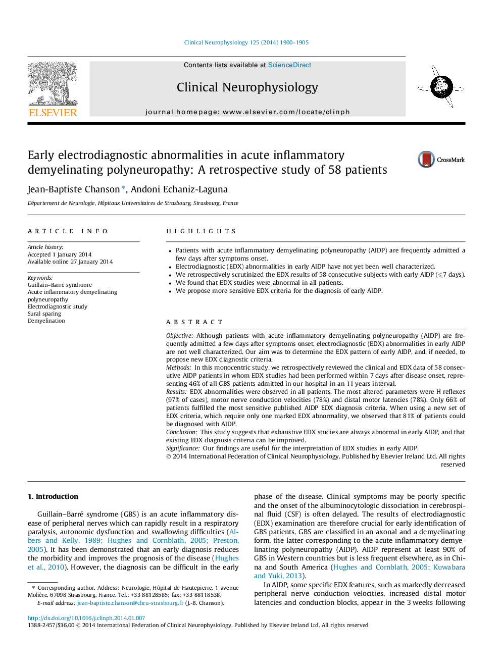 Early electrodiagnostic abnormalities in acute inflammatory demyelinating polyneuropathy: A retrospective study of 58 patients